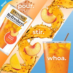 Twinings Peach Mango Refreshers being poured into a glass for a café-style refreshment.