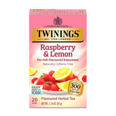 Twinings Raspberry and Lemon Herbal Tea bags with fresh aroma and fruity flavor.