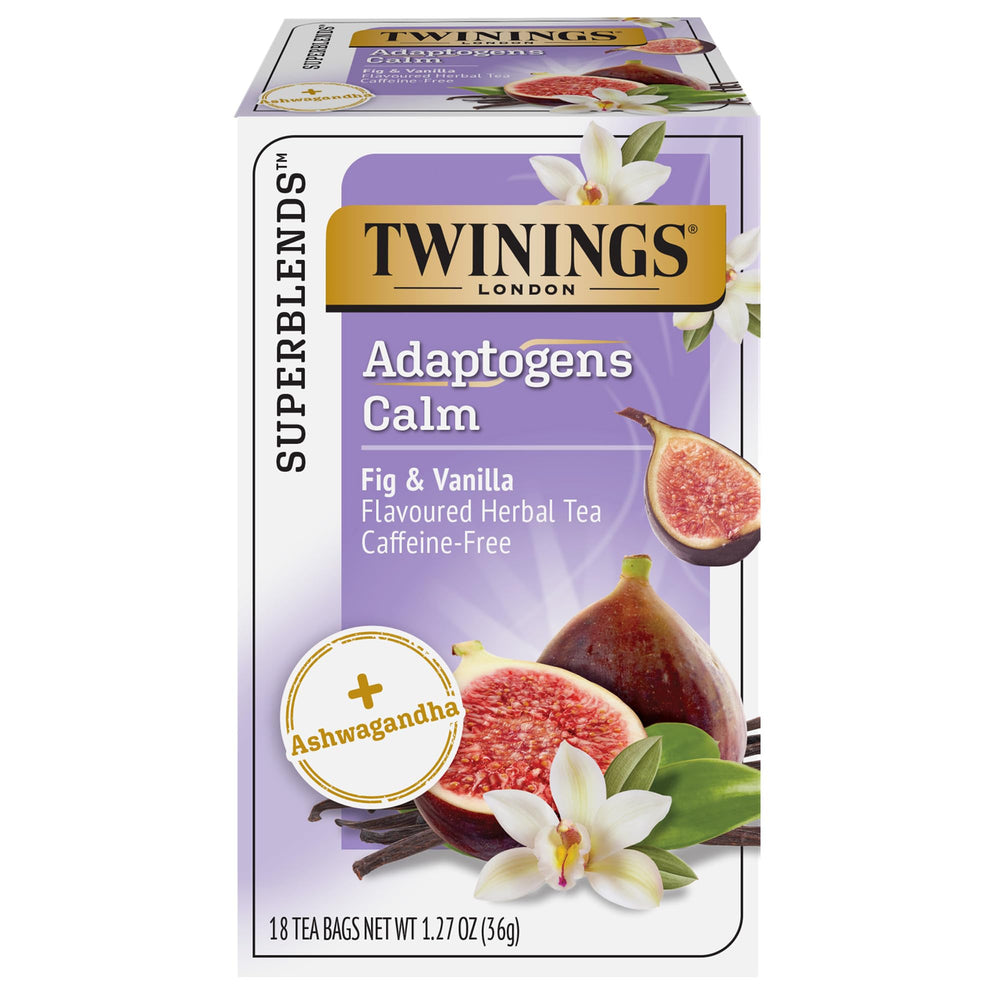 Twinings Superblends Calm tea bags with ashwagandha, fig and vanilla for a relaxing moment.