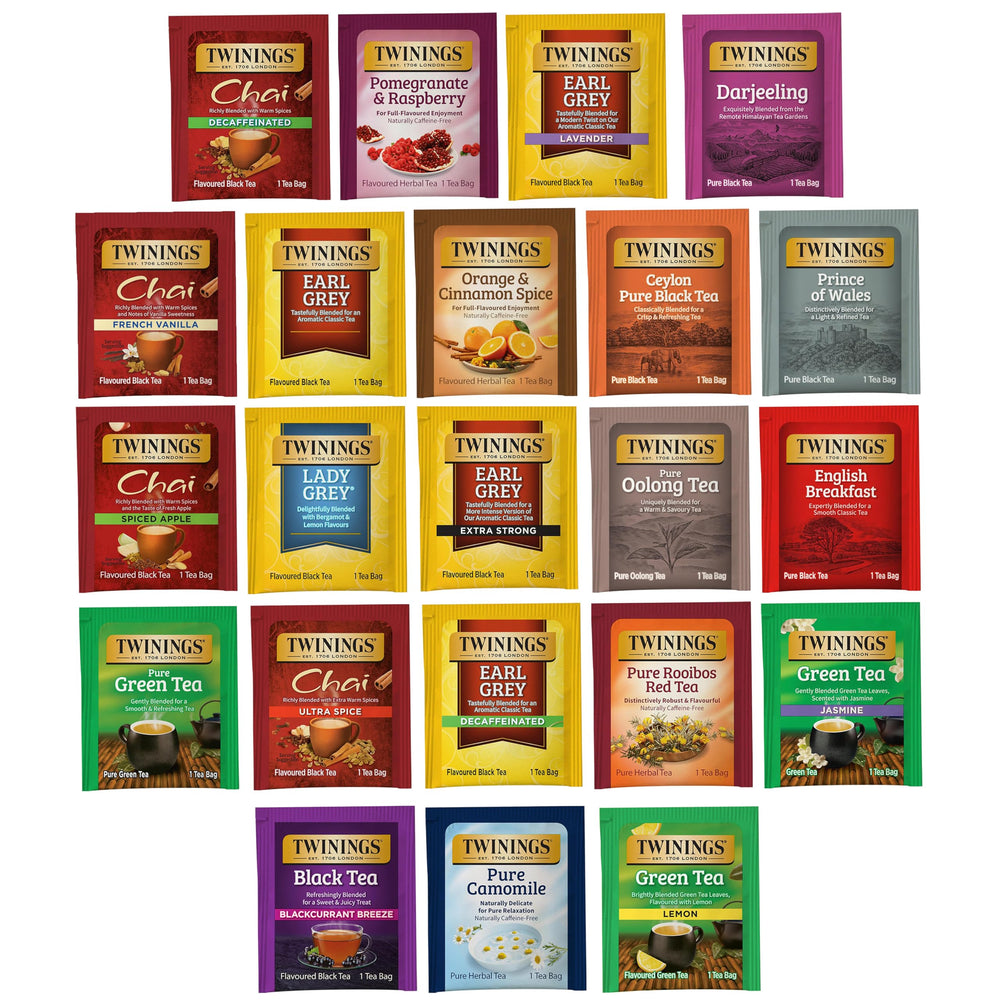 Twinings tea bag sampler box with 22 flavours for gifting and variety.