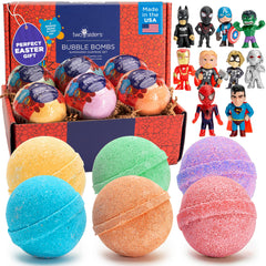 Two Sisters superhero bath bombs reveal a surprise toy inside for kids' bath time.