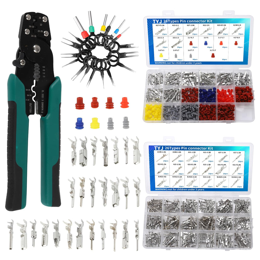 TYJ pin connector kit close up showing diverse terminal pins for auto wiring