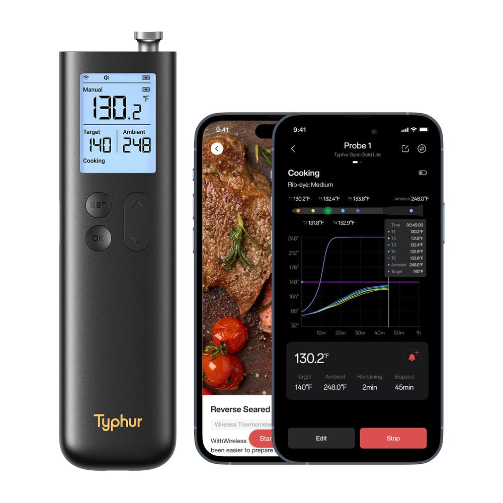 Typhur Sync Gold wireless thermometer base with probes for easy setup and monitoring.