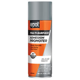 U-POL Adhesion Promoter clear spray bottle ready for fast adhesion on metal and plastic surfaces.