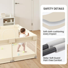 UANLAUO beige playpen showing storage pockets for toys and essentials.