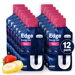 UCAN Edge energy gel shot bottle strawberry banana for steady endurance during workouts.