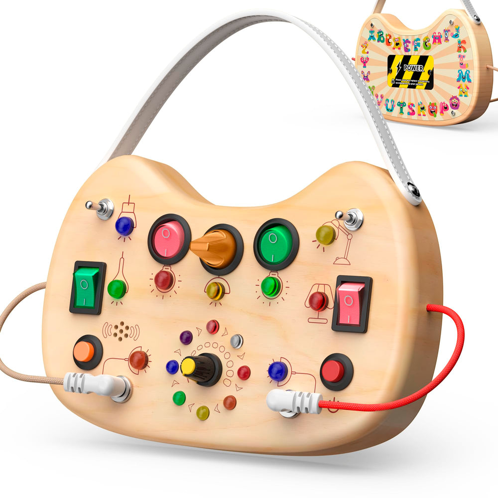 UdoUto Montessori Busy Board with LED switches, ideal for travel and quiet play