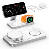 UEQ foldable 3-in-1 MagSafe stand front view, compact charging hub for Apple devices.