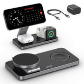 UEQ foldable 3in1 MagSafe charger stand enables quick, clutter-free charging for iPhone, AirPods, and Apple Watch.