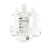 UFC Bio saline bottle pour shows ready-to-use 0.9% solution for quick lab prep.