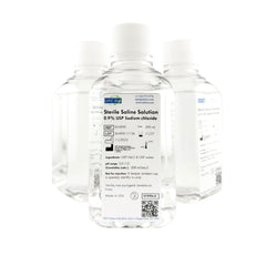 UFC Bio saline bottle pour shows ready-to-use 0.9% solution for quick lab prep.