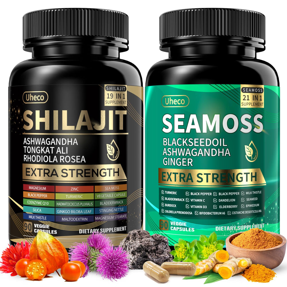 Uheco Shilajit & Sea Moss Vitality Bundle box and bottles for convenient daily minerals