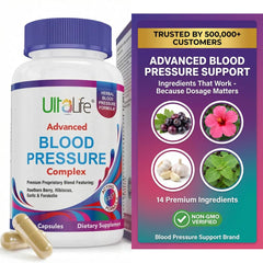 ULTALIFE blood pressure supplement bottle shown for a 30-day daily routine