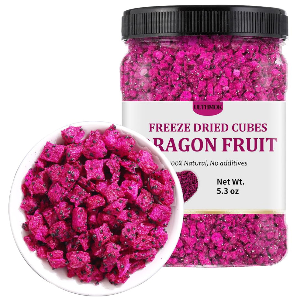 ULTHMOK dragon fruit dried cubes close-up for snacking and crisp texture