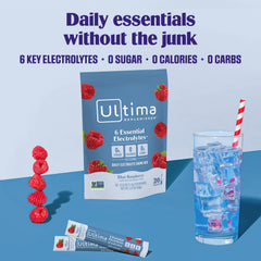 Ultima Replenisher blue raspberry stickpack poured into water to hydrate.