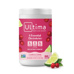 Ultima Replenisher Cranberry Cosmo canister for sugar-free hydration with six electrolytes.