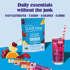 Ultima Replenisher variety pack back label shows flavors and sugar-free formula.
