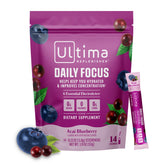Ultima Replenisher Daily Focus acai blueberry stickpack for on-the-go hydration and focus support.