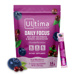 Ultima Replenisher Daily Focus acai blueberry stickpack for on-the-go hydration and focus support.