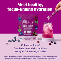 Ultima Replenisher Daily Focus open stickpack shows quick caffeine and L-Theanine boost.