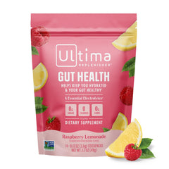Ultima Replenisher Raspberry Lemonade stickpack for on-the-go hydration and gut-friendly support.