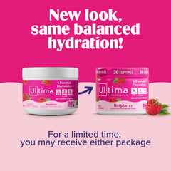 Ultima Replenisher Raspberry packaging highlights vitamin C and zinc benefits