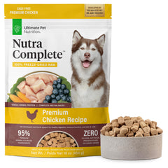 Ultimate Pet Nutrition Nutra Complete packaging highlights premium chicken recipe for digestion support
