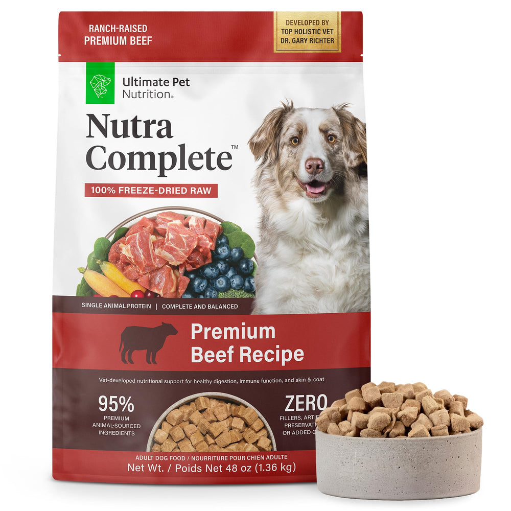 Ultimate Pet Nutrition Nutra Complete freeze-dried beef bites—high-protein, easily digestible nourishment.
