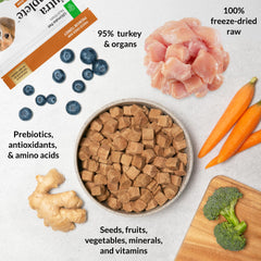 Ultimate Pet Nutrition Nutra Complete turkey texture closeup shows protein-rich bits for adult dogs.