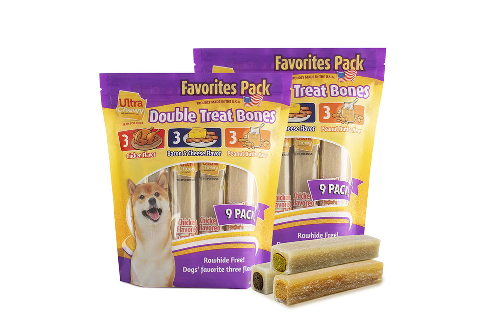 Ultra Chewy Favorites Double Treat Bones pack front view showing long-lasting chew
