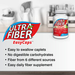 Ultra-Fiber caplets label highlights six plant fiber sources for balanced digestion.