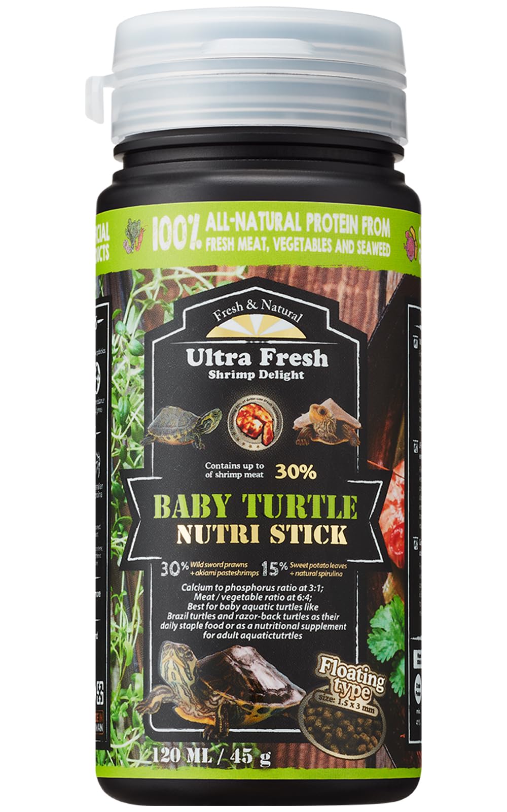 Ultra Fresh turtle food packaging with sword prawn flavor supports growth.