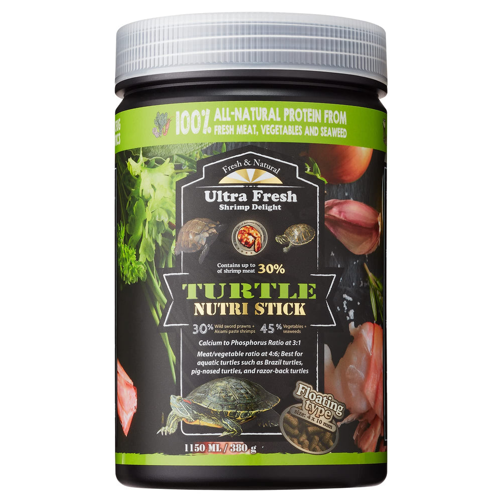 Ultra Fresh Turtle Nutri Stick sword-prawn flavor enhances palatability for picky turtles.