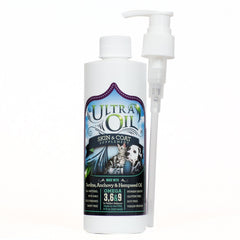 Ultra Oil Skin & Coat bottle pour illustrates simple daily dosing for pet skin health