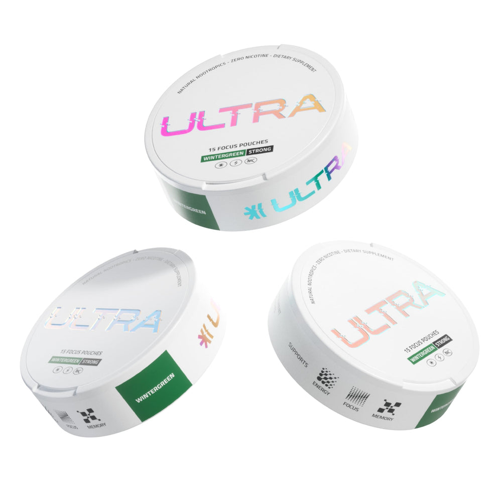 Ultra Pouches Wintergreen pouch close-up showing compact, caffeine-free focus support.