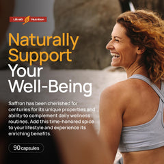 Ultra6 Nutrition Happy Saffron capsules close-up of pure saffron extract.