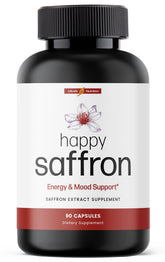 Ultra6 Nutrition Happy Saffron bottle showing 90 servings for daily mood support.