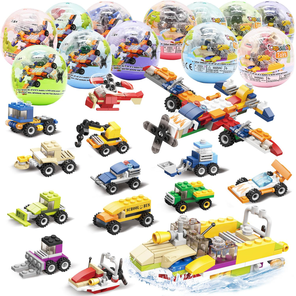 UMEELR 12Pcs Easter eggs with buildable vehicles for engaging egg hunts and creative play.