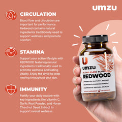 UMZU Redwood bottle front emphasizes compact daily supplement for energy and endurance.