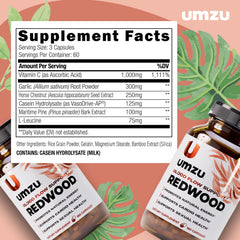 UMZU Redwood ingredients garlic horse chestnut pine bark suggesting circulation support benefits.