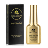 UNA GELLA 6-in-1 nail glue being applied to tips for strong adhesion.