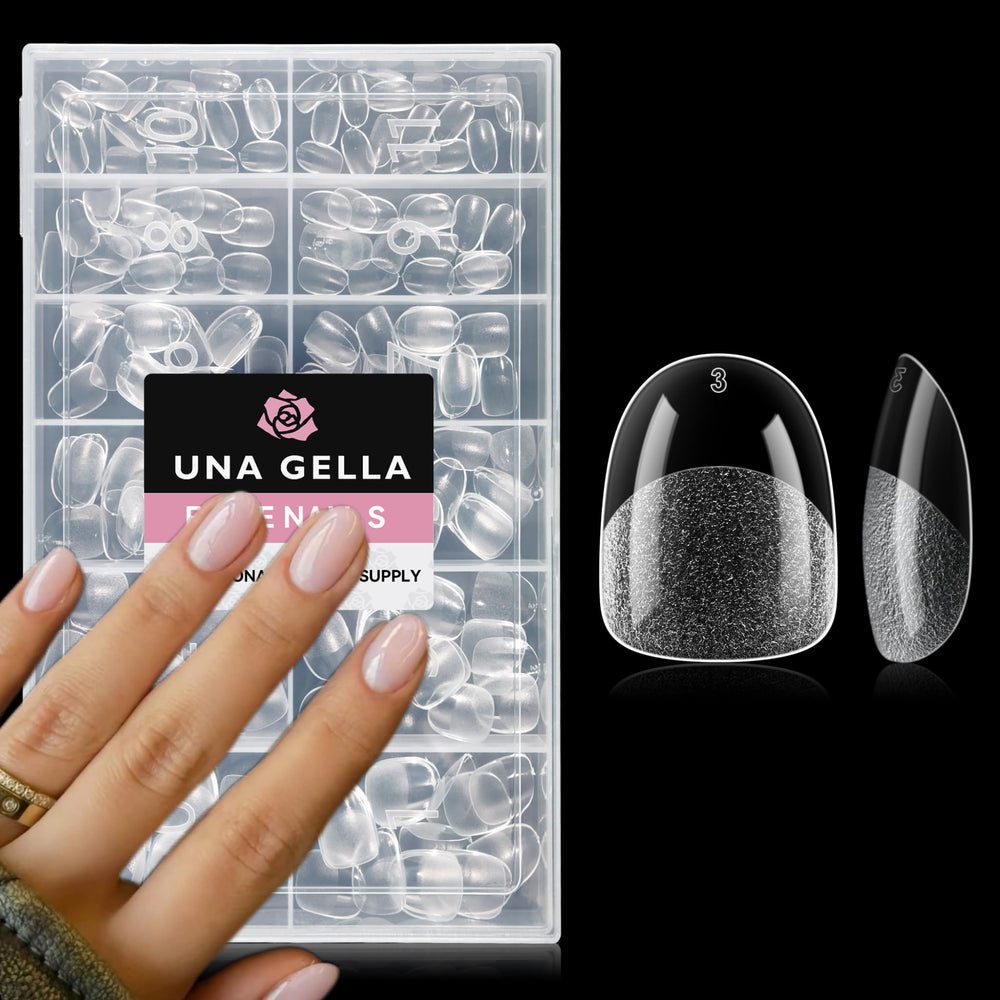 UNA GELLA Extra Short Oval Nail Tips provide a clear full-cover surface for chic nail art.