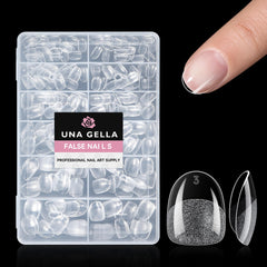 UNA GELLA extra-short oval nail tips shown in a neat, natural look for daily wear.