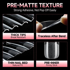 UNA GELLA pre-filed square tips with half-matte finish boosting adhesion.