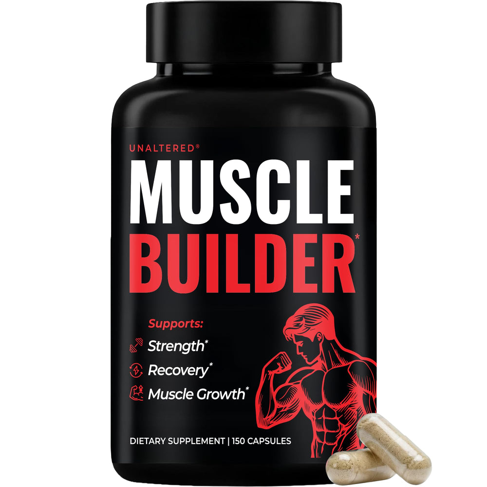 UNALTERED Anabolic Muscle Builder bottle on a gym bench supports strength training