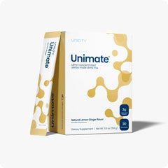 Unicity Unimate lemon-ginger stick packs for convenient daily energy.
