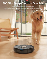uninell UR1 with 5000Pa suction lifting pet hair from carpeted surfaces.