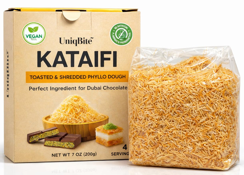 UNIQBITE toasted kataifi dough packaging for premium shredded filo dessert base
