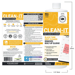 Unique Clean-It label close-up highlights enzyme-powered cleaning for tough waste.