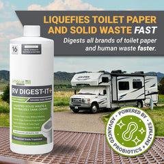 Pouring Unique RV Digest-It+ into an RV toilet for odor control.